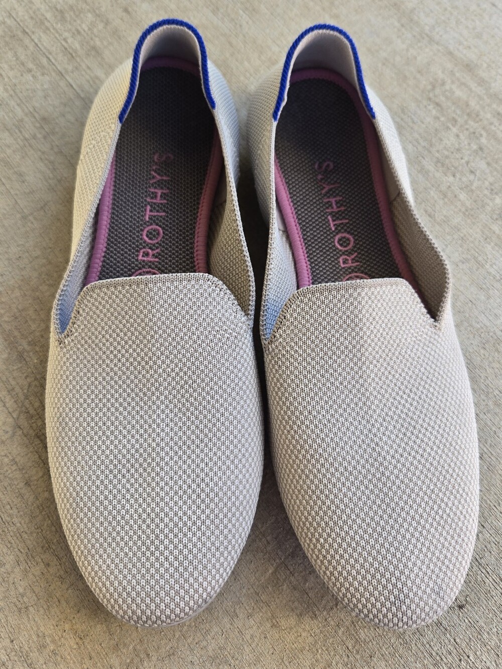 Rothy's Women's Slip-On Flats in Beige with Blue Trim and Pink Insole
